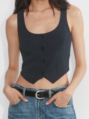 Aritzia Wilfred Navy Button-Front Cropped Rocco Vest